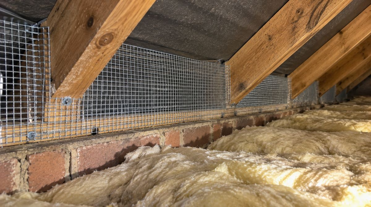 Galvanised steel mesh fixed along the eaves between the rafters to keep mice and rats out, with insulation laid behind