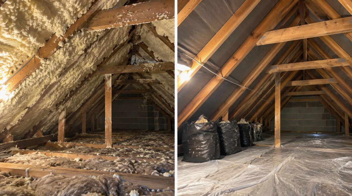 Loft before and after spray foam removal: foam-covered rafters on the left, cleaned timbers with bagged waste on the right